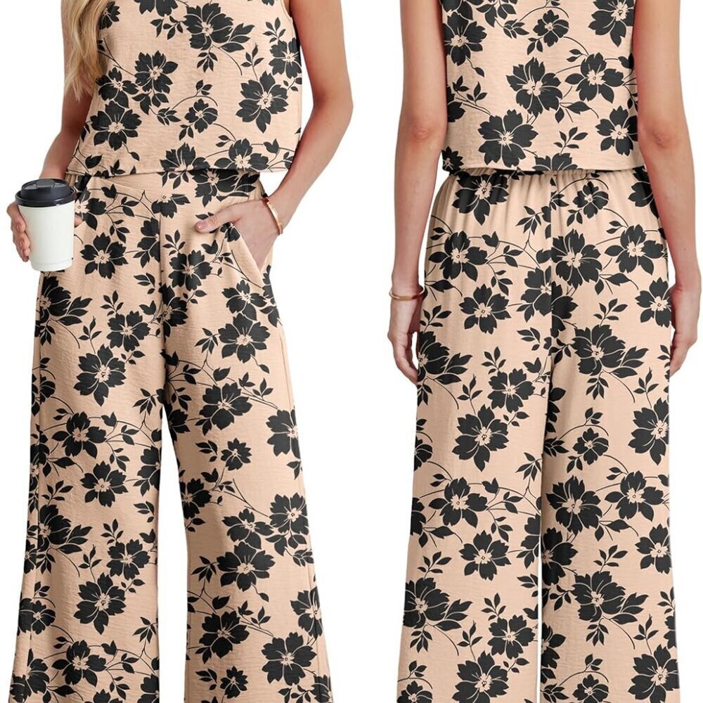 Women's Summer 2 Piece Outfit Set Crop Top Wide Leg Pants Pockets Jumpsuit - Picture 4 of 5